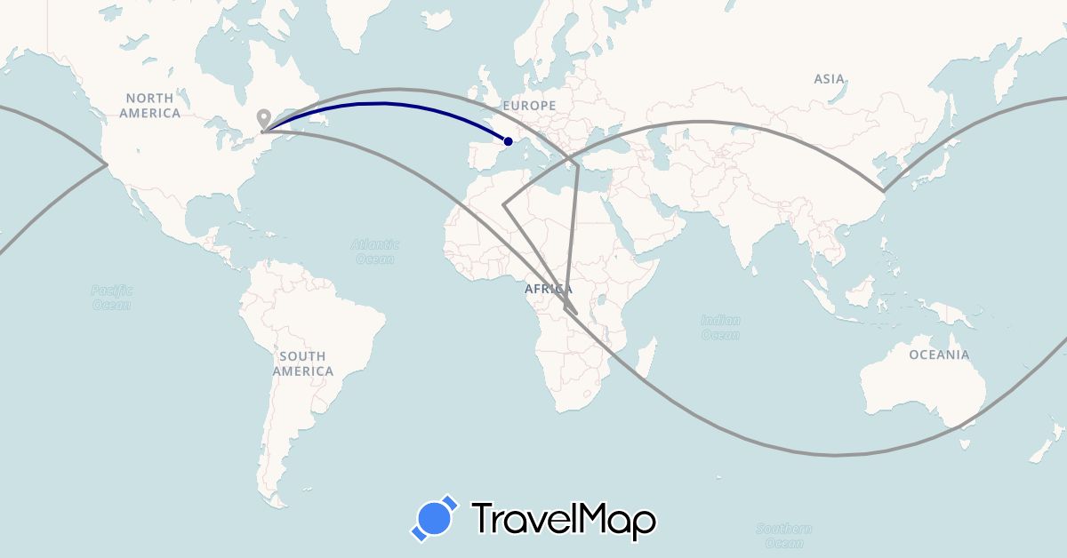 TravelMap itinerary: driving, plane in Australia, Canada, Democratic Republic of the Congo, China, Algeria, France, Greece, United States (Africa, Asia, Europe, North America, Oceania)